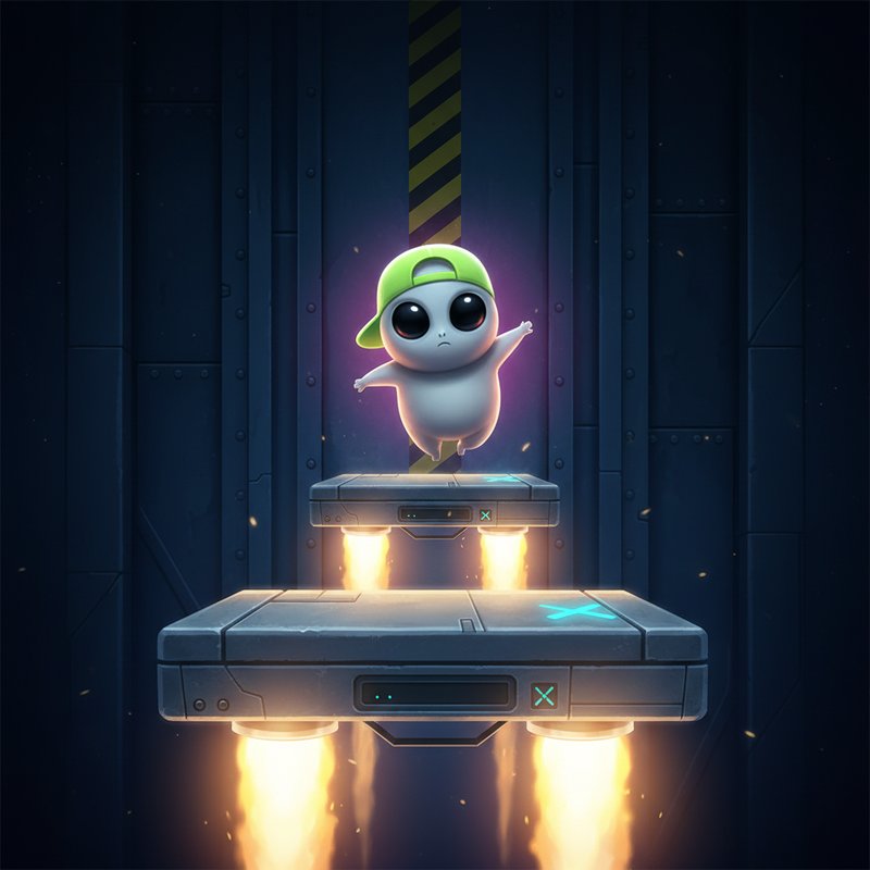 Jumper slot game interface showing cartoon alien character with green backwards cap standing on floating metal platforms with rocket flames, against dark blue spacecraft hull background with cyan glowing multipliers
